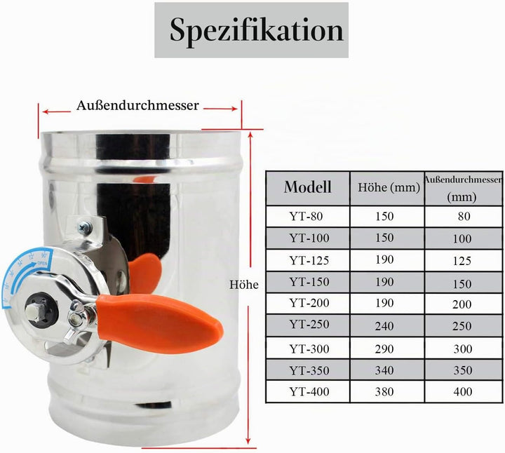 Drosselklappe lüftung ø 80 100 125 150 200 250 300 350 400mm belüftungsventil (Durchmesser 80mm), Du
