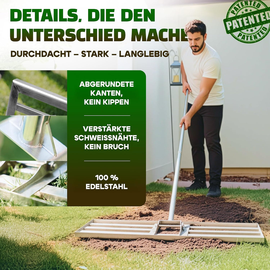 2in1 RasenRakel Edelstahl 80x30cm + vertikutierer Hand Rasen rake | Nivellierrechen mit stiel egalis