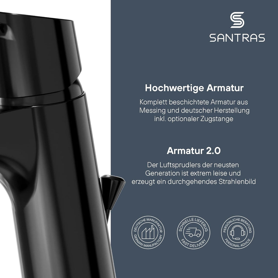 SANTRAS® Waschtischarmatur Bad in Schwarz (RAL 9005, glänzend) mit Zugstange & Exzenter Ablaufgarnit