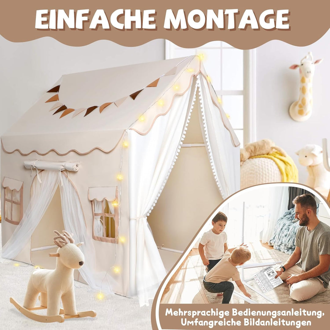 Herenear Kinderzelt mit 2 Eingängen, Spielzelt Kinder Indoor mit Lichtern und Zeltunterlage, Spielha