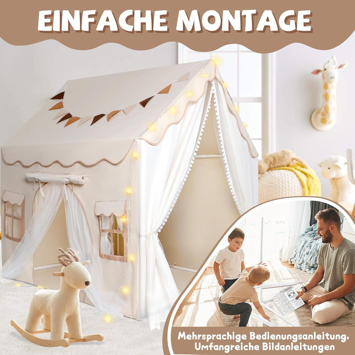 Herenear Kinderzelt mit 2 Eingängen, Spielzelt Kinder Indoor mit Lichtern und Zeltunterlage, Spielha