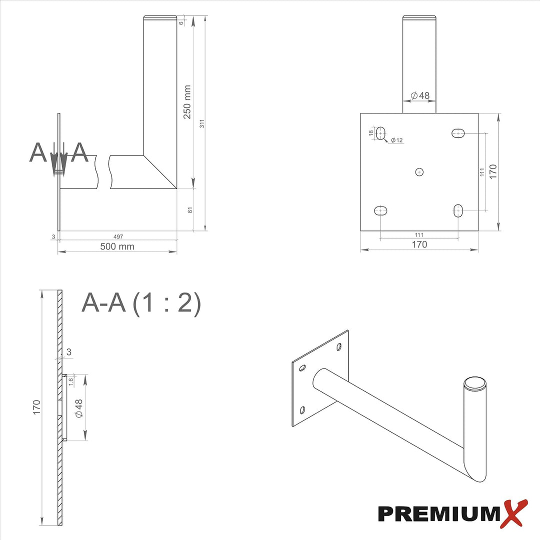 Premium X 45-50 cm Wandhalter Stahl verzinkt SAT Antenne Wandhalterung Wand Montage Halter Wandabsta