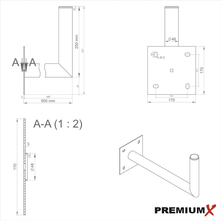 Premium X 45-50 cm Wandhalter Stahl verzinkt SAT Antenne Wandhalterung Wand Montage Halter Wandabsta