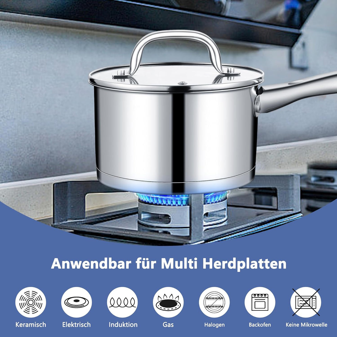 TEAMFAR Stielkasserolle, Edelstahl Milchtopf Kasserolle Induktion mit 3-Lagen Boden für alle Herdart