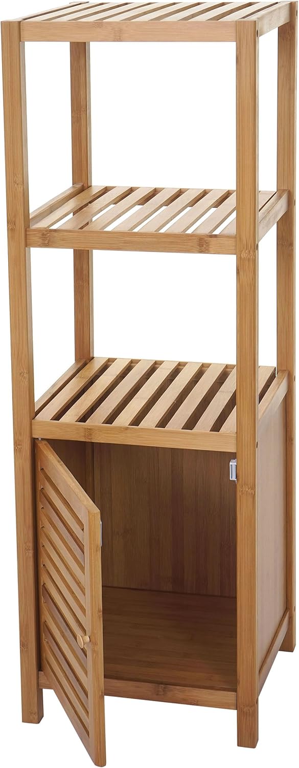 Mendler Badregal HWC-B18, Badezimmer Badschrank Standregal mit Tür, Bambus - 110x36x34cm, 110x36x34c