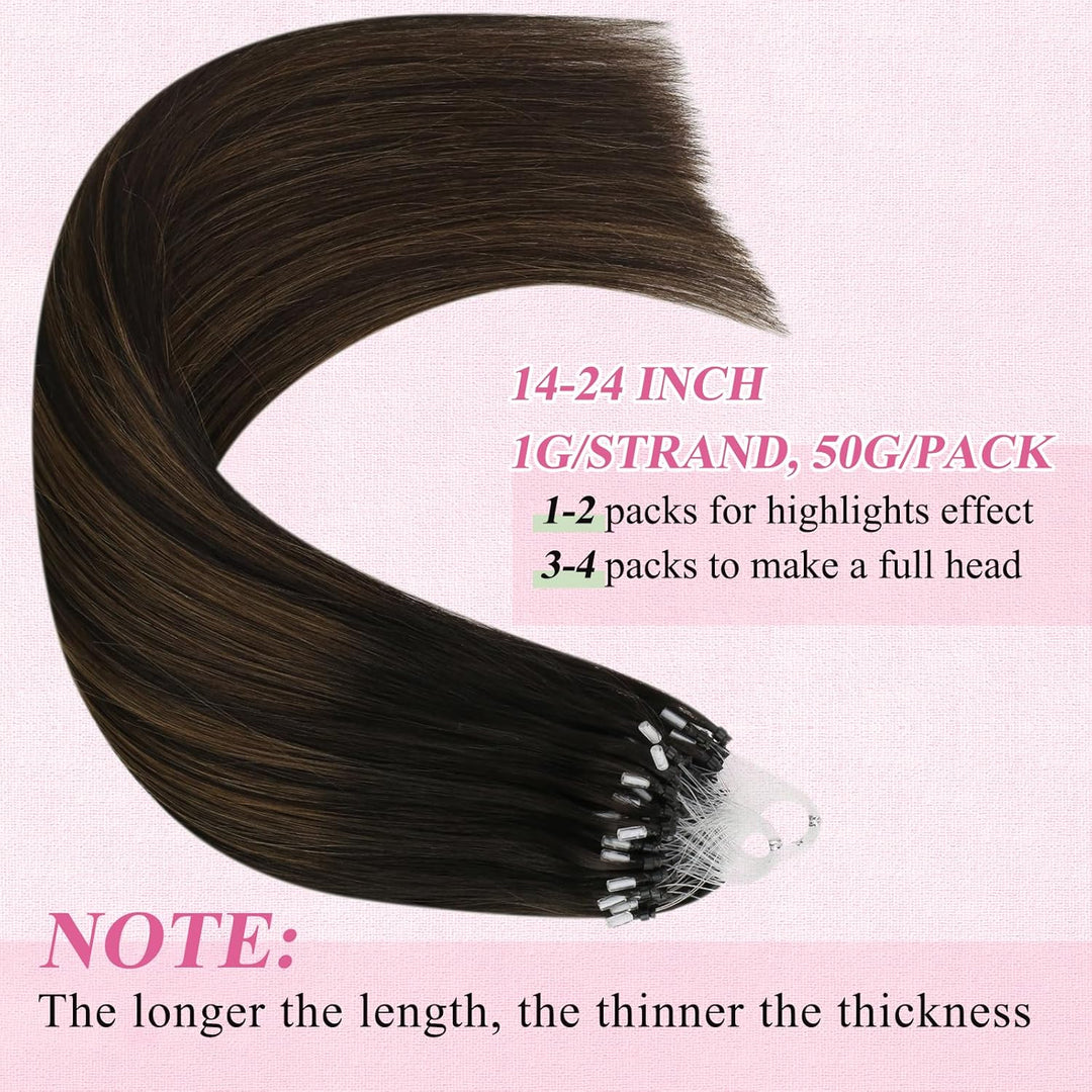 YoungSee Microring Extensions Echthaar Braun 40 cm Microring Hair Extensions Dunkelbraun Ombre Braun