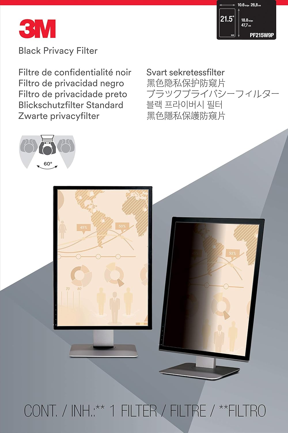 3M Blickschutzfilter PF215W9P für 54,61cm 21,5Zoll Breitbild-Monitor Hochformat 16:9