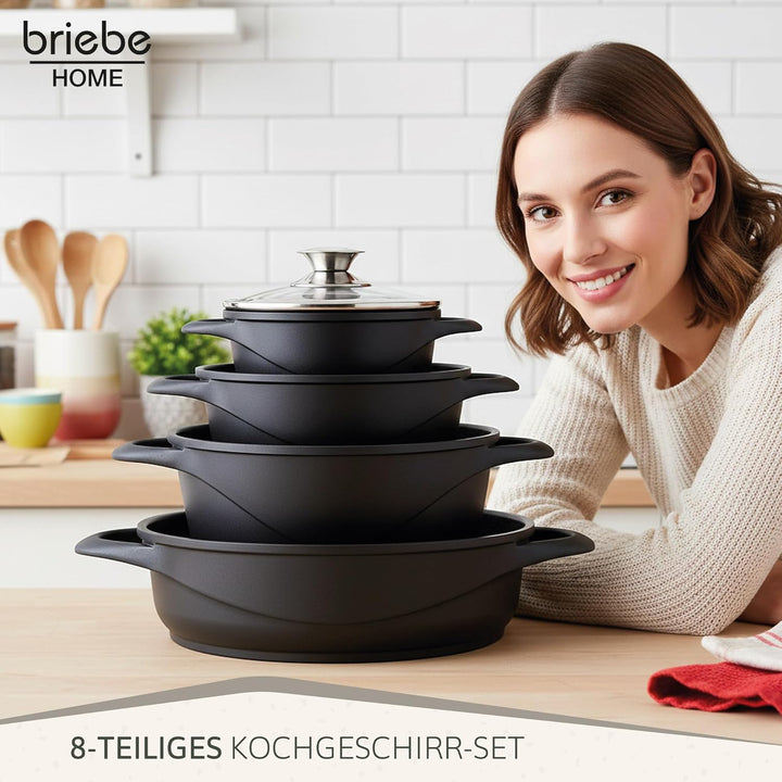 briebe Topfset Induktion 8-Teilig, Kochtopf Set 4 Töpfen aus Aluminiumguss, Antihaftbeschichtung ILA