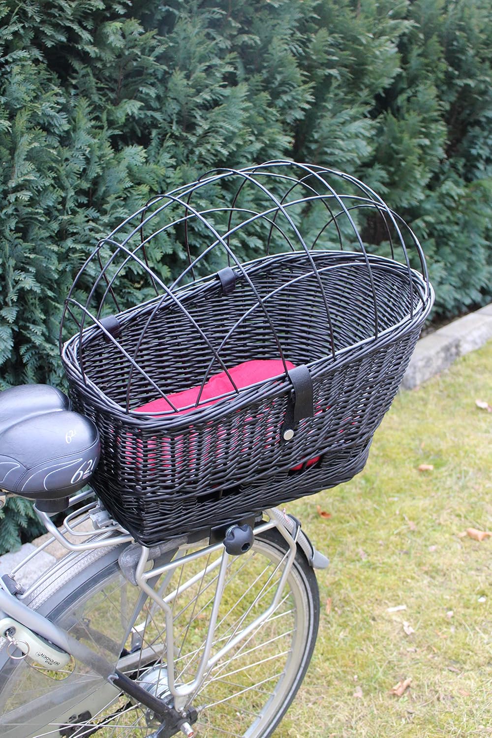 Hundefahrradkorb für Gepäckträger aus Weide mit Metallgitter und Kissen Schwarz XL oder XXL Gepäcktr