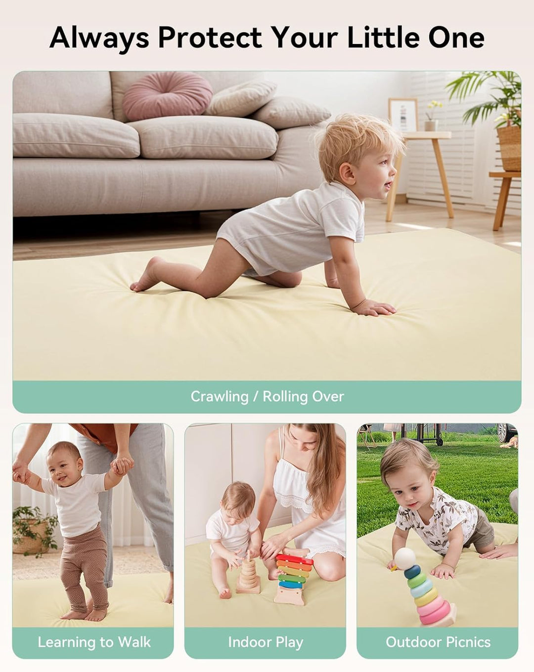 COMOMY Veganes Leder Krabbelmatte Baby, 127x127x3 cm Krabbeldecke für Baby, Extra Dicke und Weiche S
