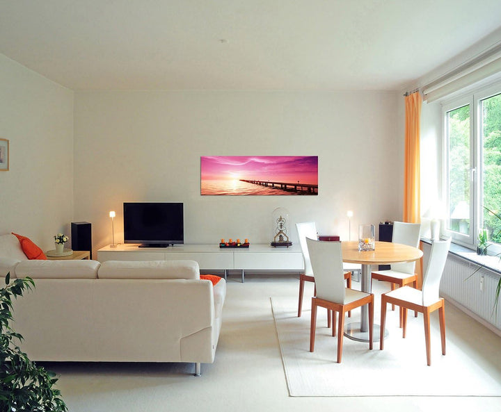 Paul Sinus Art Panoramabild auf Leinwand und Keilrahmen 150x50cm Meer Strand Holzsteg Sonnenuntergan