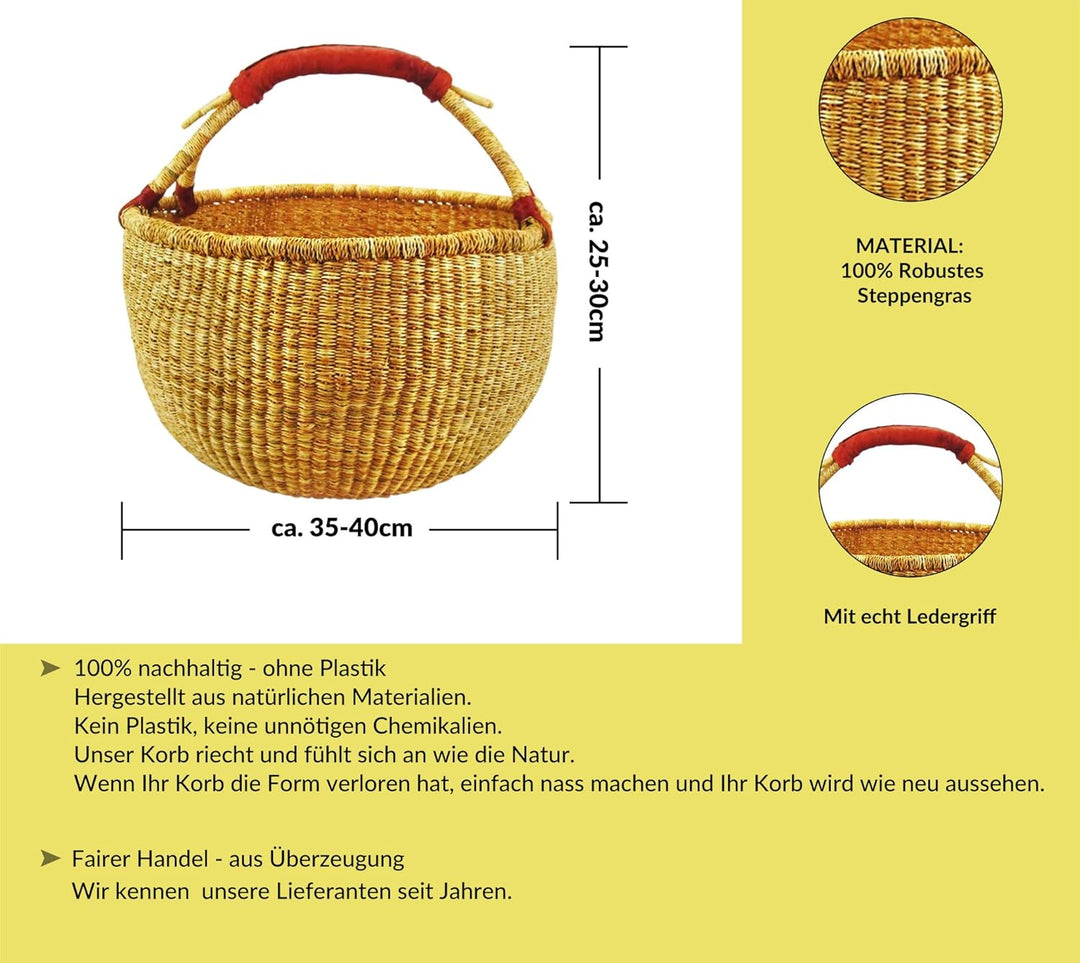Ciffre ca. 40cm Bolga Rundkorb Korb Afrika Ghana Einkaufskorb Ledergriff Natur Naturfarbe