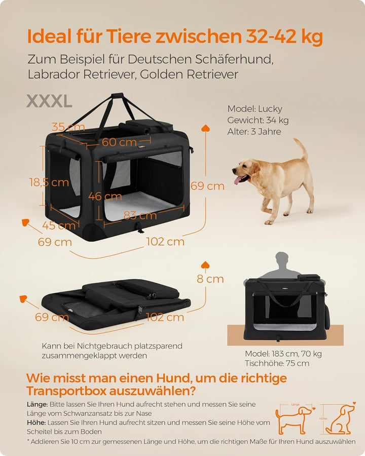 Feandrea Hundebox faltbar, Transportbox Hund, XXXL, Hundetasche, Oxford-Gewebe, Netzstoff, atmungsak
