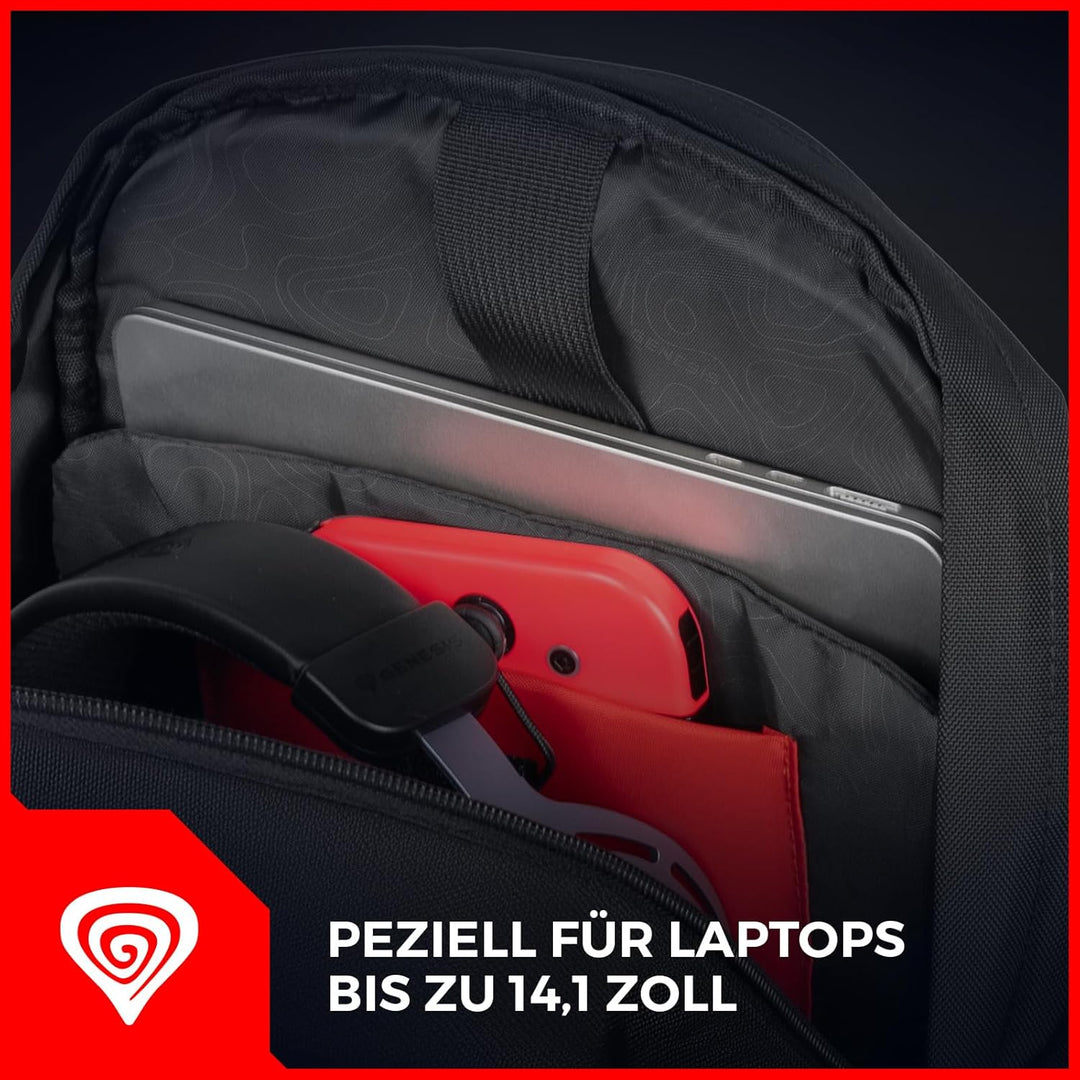 Genesis Gaming-Laptoptasche Pallad für Laptops, 14,1 bis zu 17,3 Zoll, Laptopfach, Rucksack für Uni