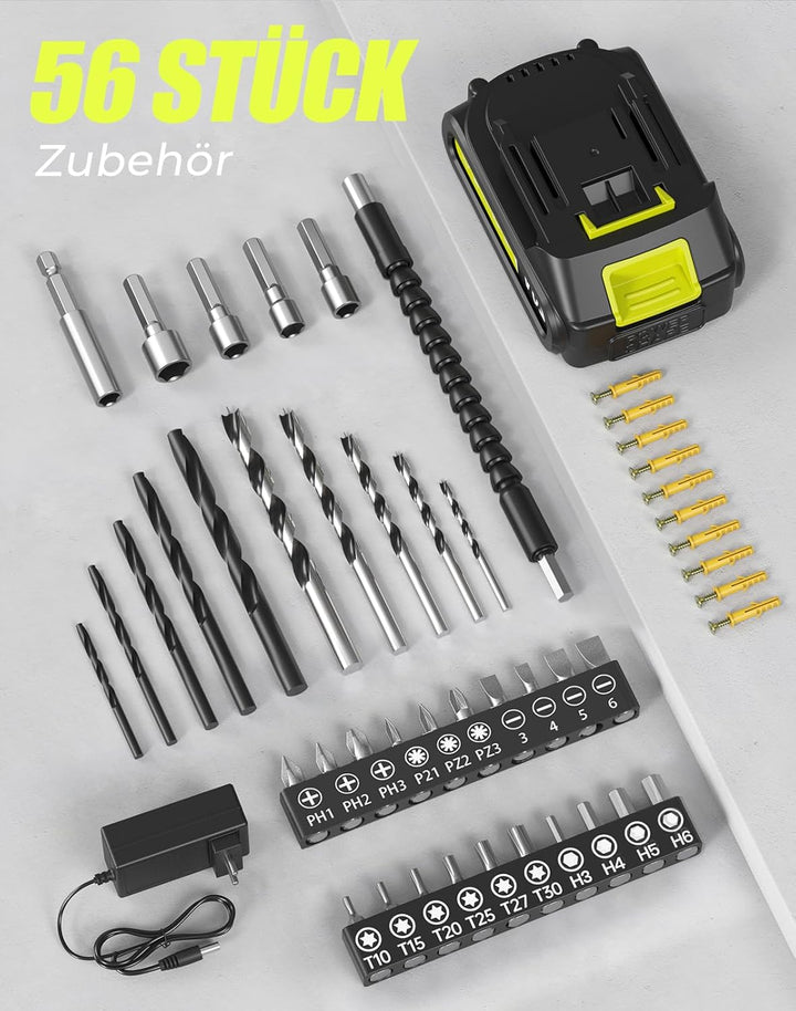 Akkuschrauber, 20V Akku Bohrschrauber, 25+1 Drehmomentstufen Akkubohrer, 42Nm Max Drehmoment, LED-Li