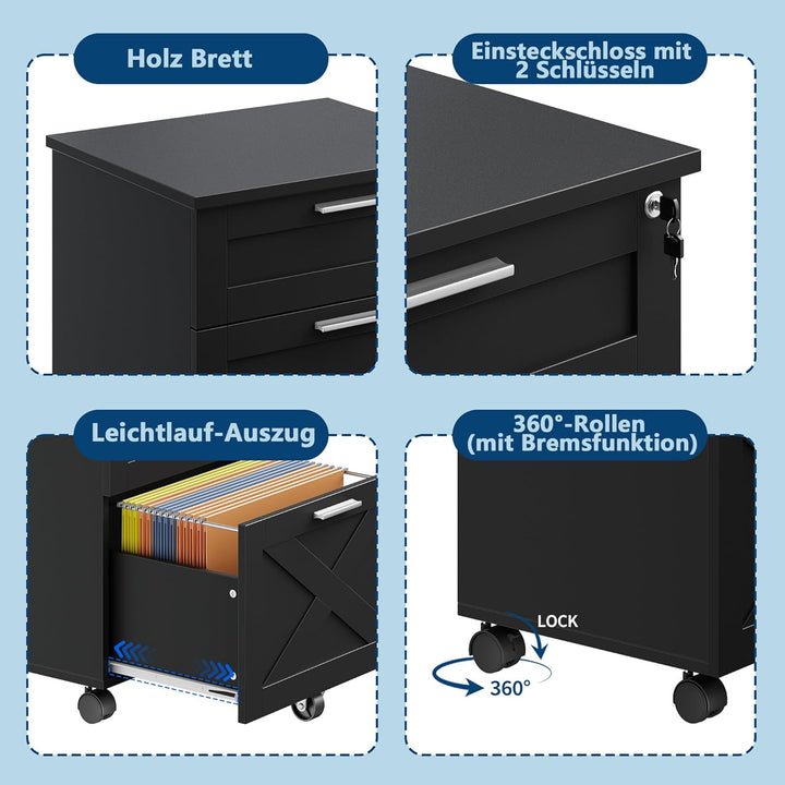Litake Schubladenschrank, Rollcontainer, mobiler Aktenschrank, Metallschrank, Druckertisch, abschlie