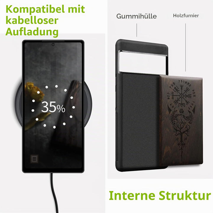 Carveit Holz Handyhülle für Google Pixel 7 Cover [Einzigartiges Design Case] Stossstange hülle Kompa