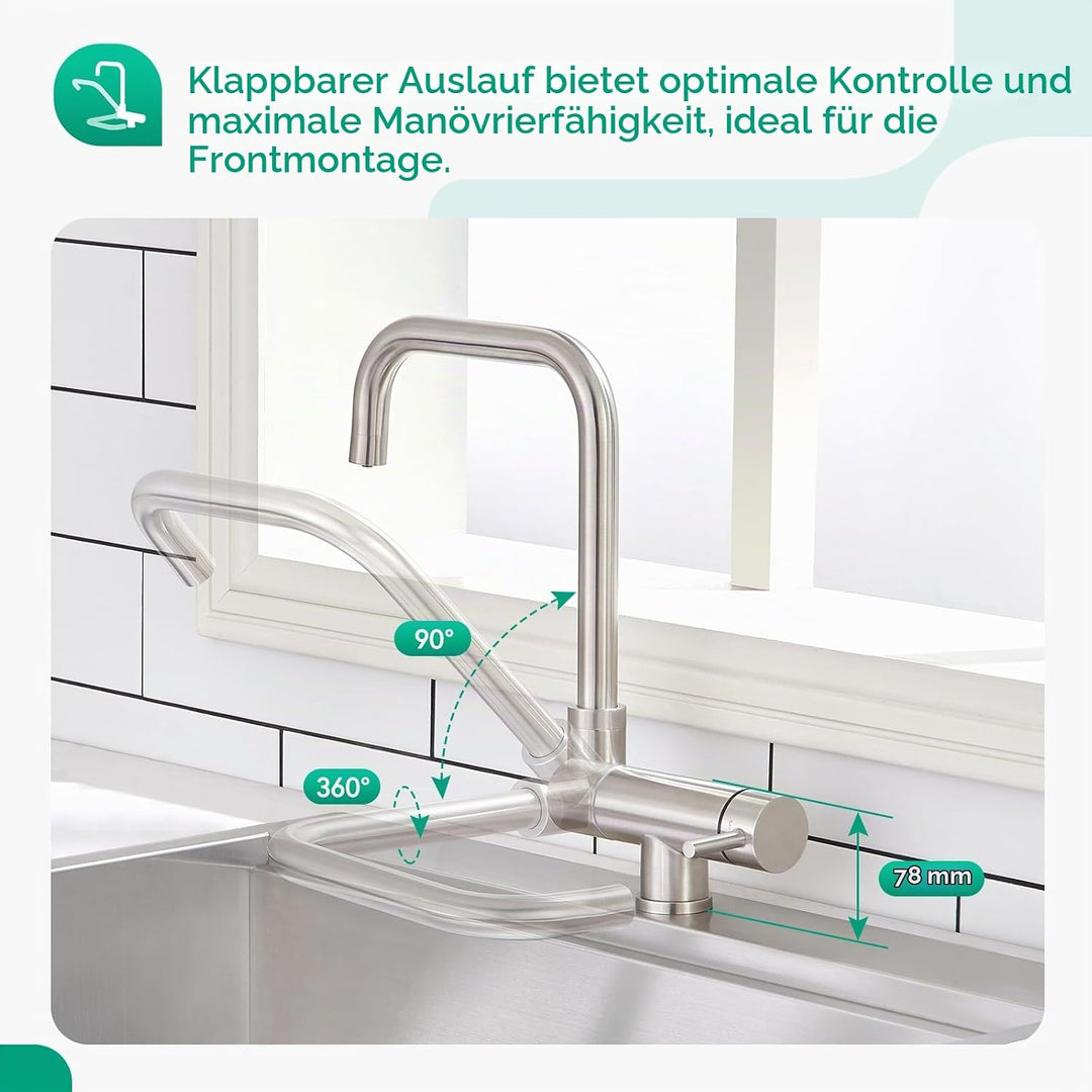 CREA 3 Wege Wasserhahn Küche,Vorfenster Küchenarmatur mit 2 Strahlarten, Wasserhahn Küche Klappbar m