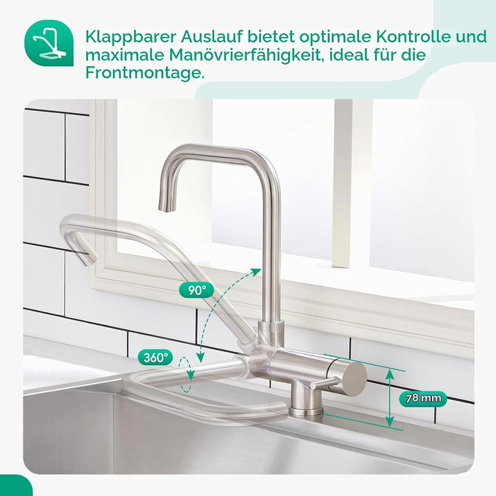 CREA 3 Wege Wasserhahn Küche,Vorfenster Küchenarmatur mit 2 Strahlarten, Wasserhahn Küche Klappbar m