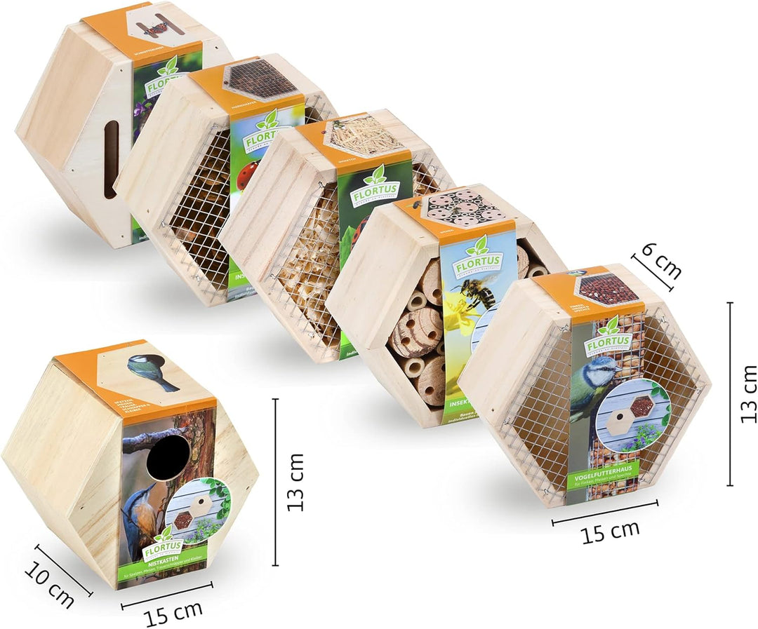 FLORTUS Set aus Insektenhotels, Vogelfutterhaus und Nistkasten im Set | Insektenhotels kombinierbar