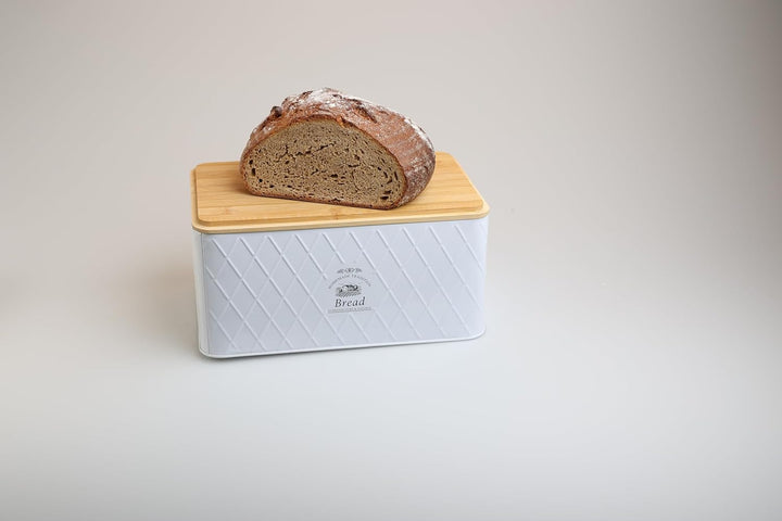 Brotkasten - Rustic Breadvault White, aus Metall mit Bambusdeckel, schöne & rustikale Brotbox mit na