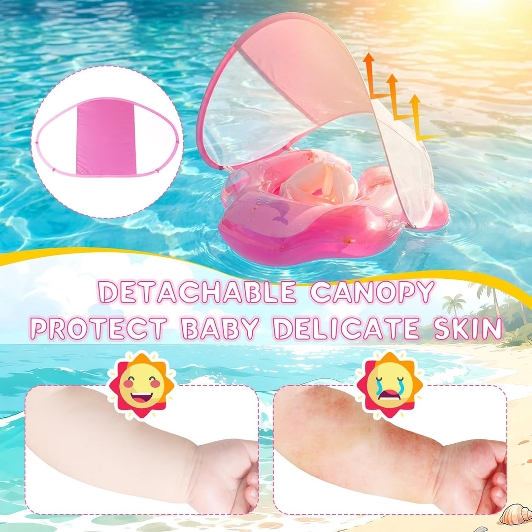 Baby Schwimmring mit abnehmbarem Sonnenschutz und Glöckchen, inklusive 1 x Handpumpe und 2 x Reparat