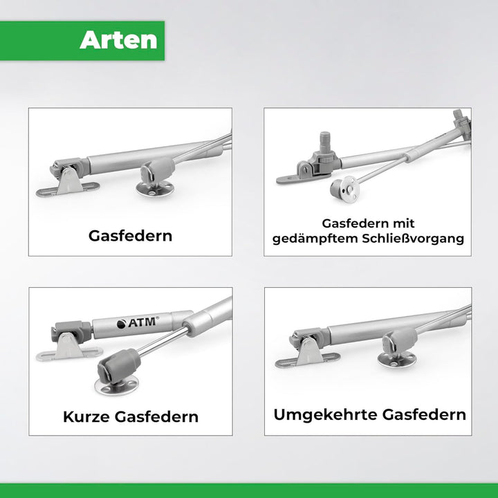 ATM Gasdruckfeder 100N mit Soft-Close Bremse für Möbelklappen – Gasdruckdämpfer 4er Set, Klappenbesc