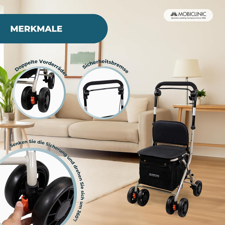 Mobiclinic®, Einkaufswagen mit Sitz, Faltbarer Rollator für Erwachsene, 21 L, Rückenlehne, 4 Räder,