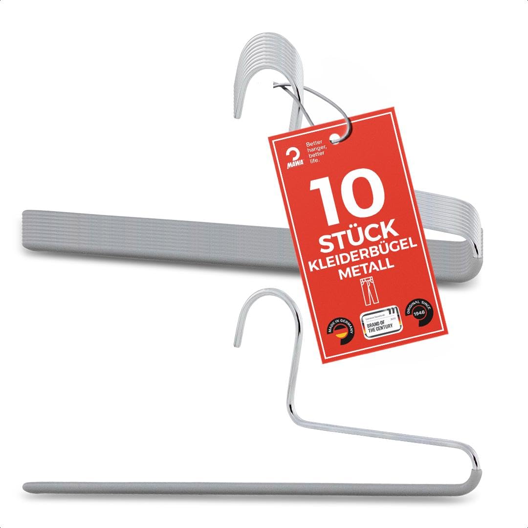 MAWA Hosenbügel, Set mit 10 platzsparenden Kleiderbügel, ideal für Jeans, Stoffhosen und Anzughosen,