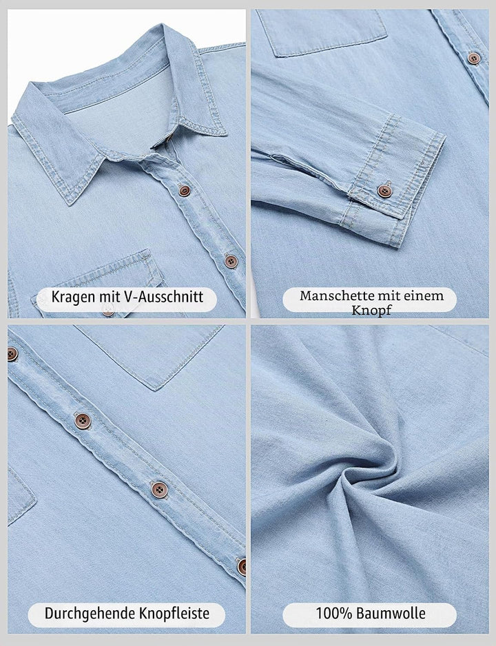 Roskiky Jeanshemd Damen Bluse Damen Western Hemden Tunika Damen Langarm Button Down Oberteile Damen