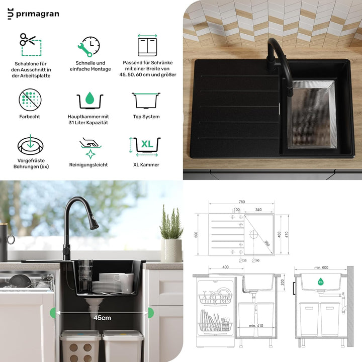 PRIMAGRAN Spülbecken Schwarz - Kopenhagen Top, 78x50cm | Granitspüle 1 Becken + Ablauf-Set, Küchensp