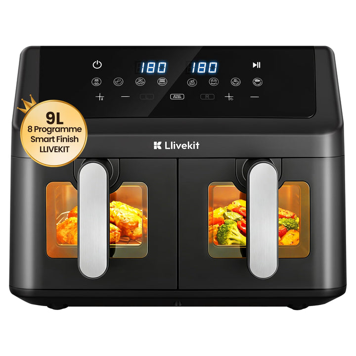 LLIVEKIT 9L Heissluftfritteuse 2 Kammern, Airfryer 2x 4,5L Dual Zone mit 4D Heissluftzirkulation, 95