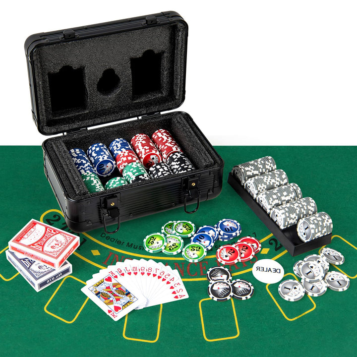 HOMASIS Profi Pokerset mit 300/400 Pokerchips, Pokerkoffer mit Matte, 2 Kartendecks, 5 Würfeln, 1 De