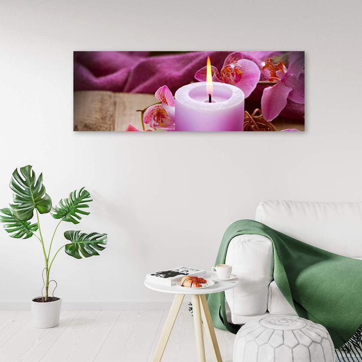 Leinwandbild XXL Kerze Wandbild Kunst Blumen Violett 150x50 cm Leinwandbild 150x50 cm Violett_b, Lei