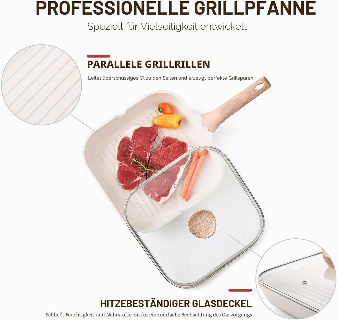 Kordisen Grillpfanne Induktion 28 cm mit Deckel – Grillpfanne mit Ausguss & Steakpfanne quadratisch,
