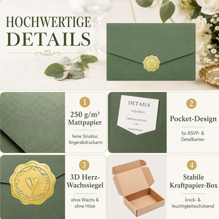 Pocketfold Einladungskarten Blanko Salbei, 30 Stück Grün, Grün