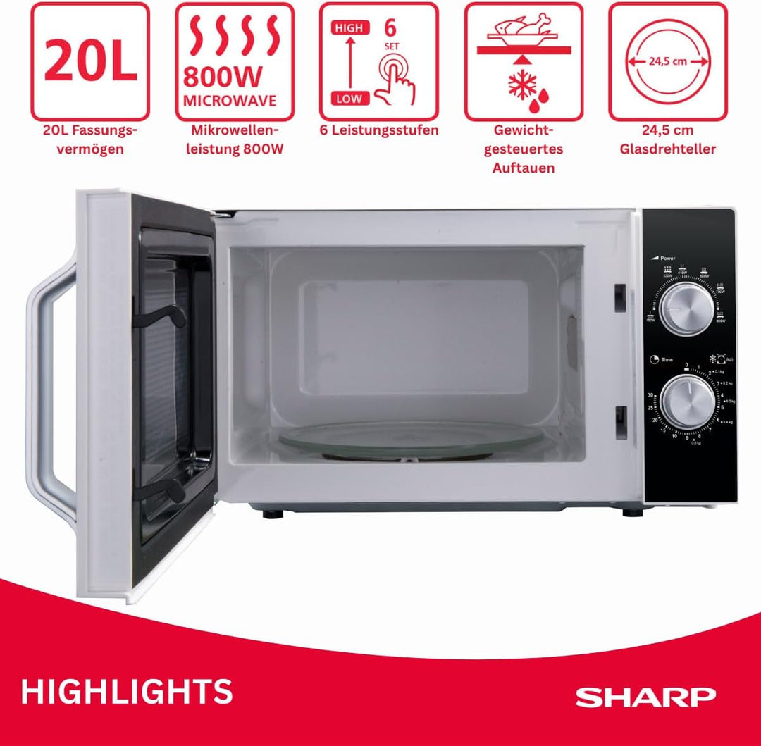 Sharp R204BA Solo-Mikrowelle,20 L,800 W,6 Leistungsstufen,Timer von 30 Minuten bis 00 Sekunden,Schwa