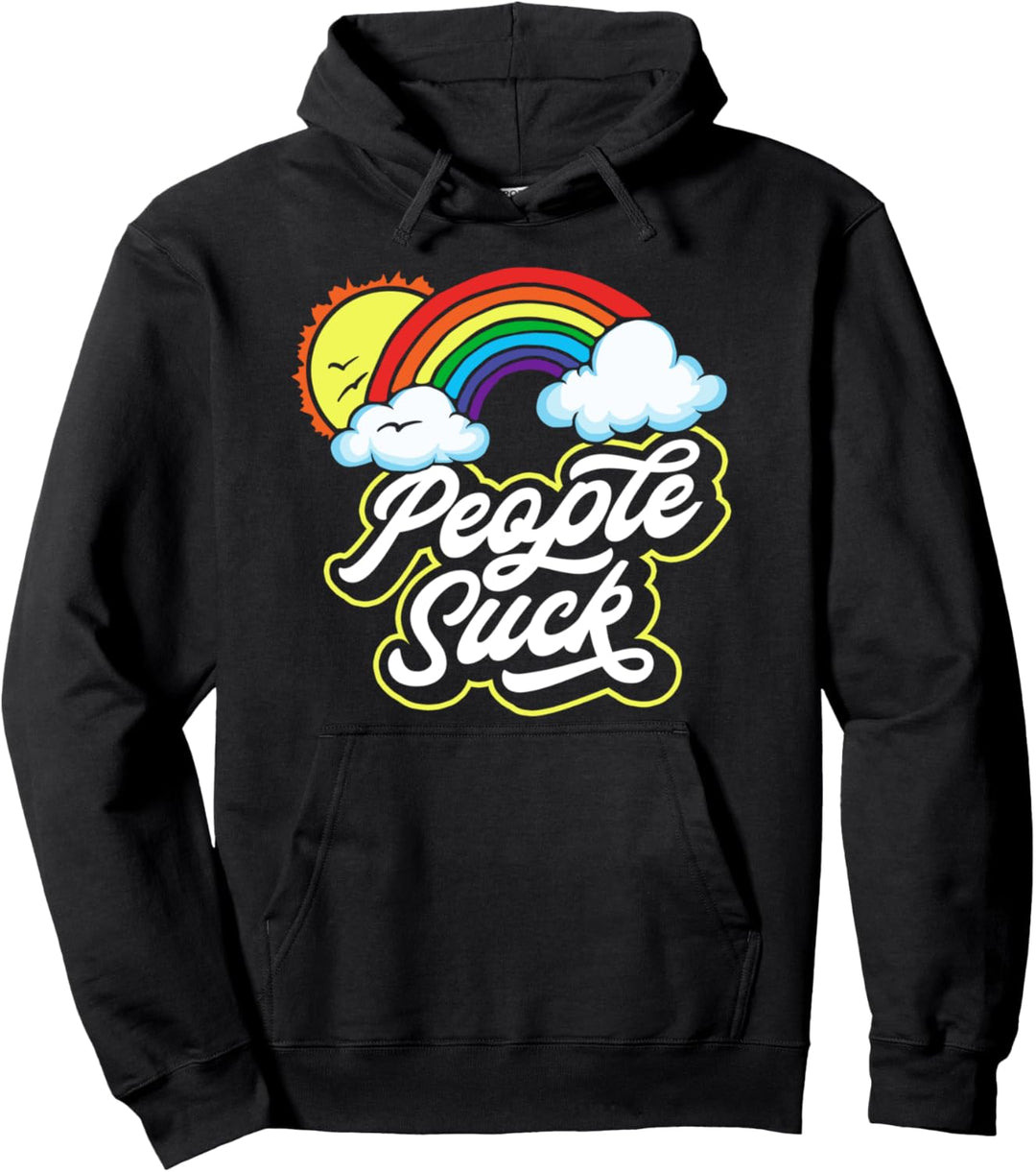 People Suck Funny Fluffy Clouds & Rainbow Introvert Graphic Pullover Hoodie