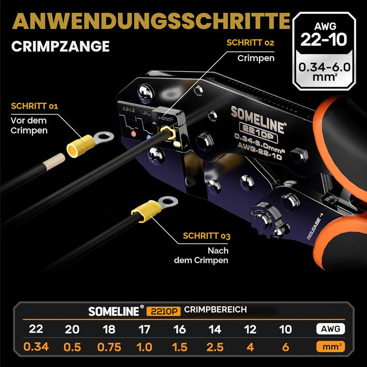 SOMELINE® Crimpzange Kabelschuhe, Kabelschuhzange für 0,34-6mm² isolierte Kabelschuhe, Elektrische S