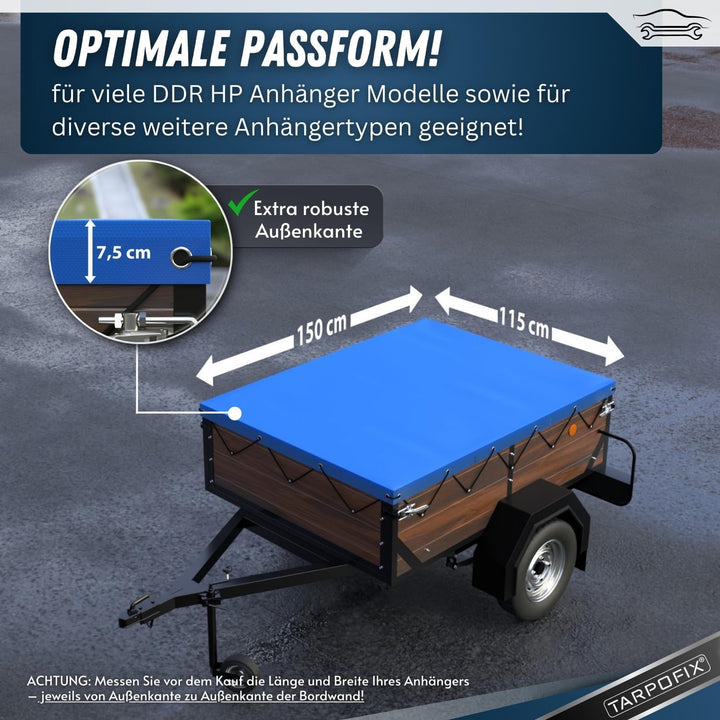 Tarpofix® Anhängerplane Flachplane 150 x 115 x 7,5 cm - inkl. Planenseil - randverstärktes Anhänger