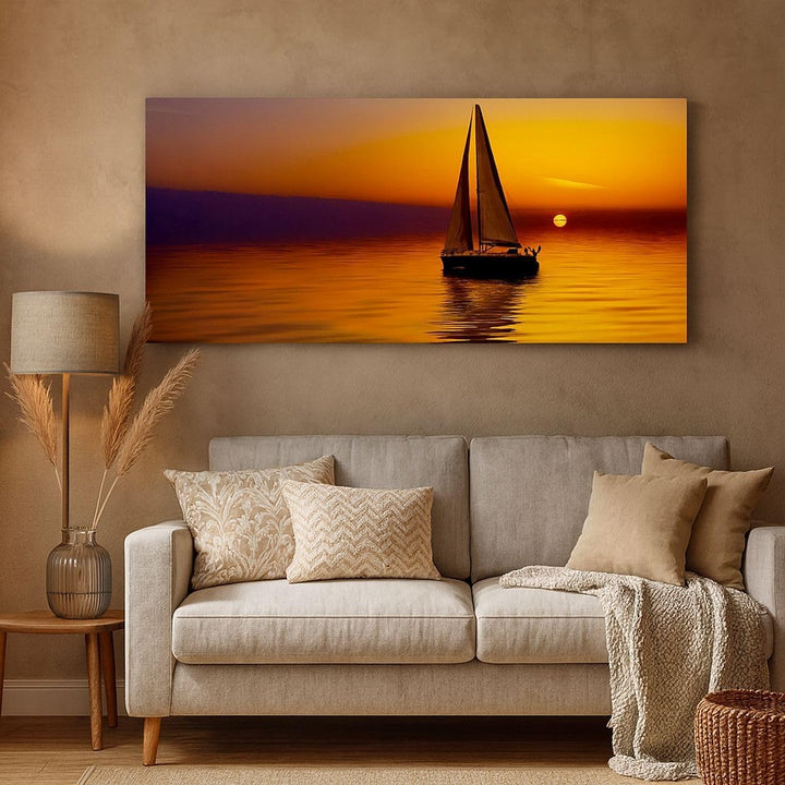 Wandbilder Dekoration Wohnzimmer Boot Sonnenuntergang Landschaft Panorama Bilder auf Leinwand 120x50