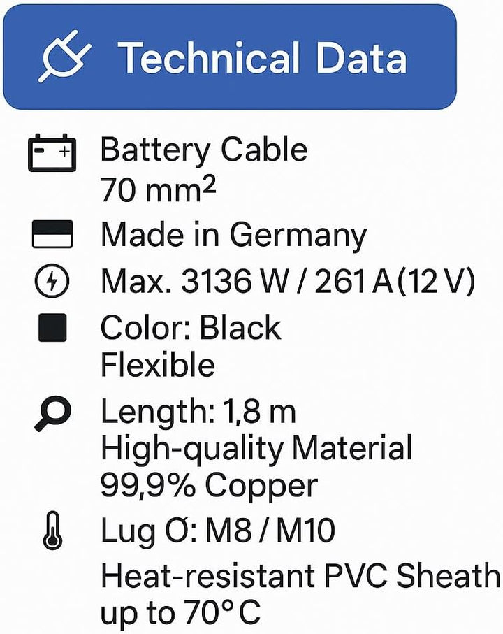 eXODA Batteriekabel 70 mm² 1,8m Kabelschuhe M8 und M10 Schwarz flexibles Kabel mit 99 Prozent Kupfer