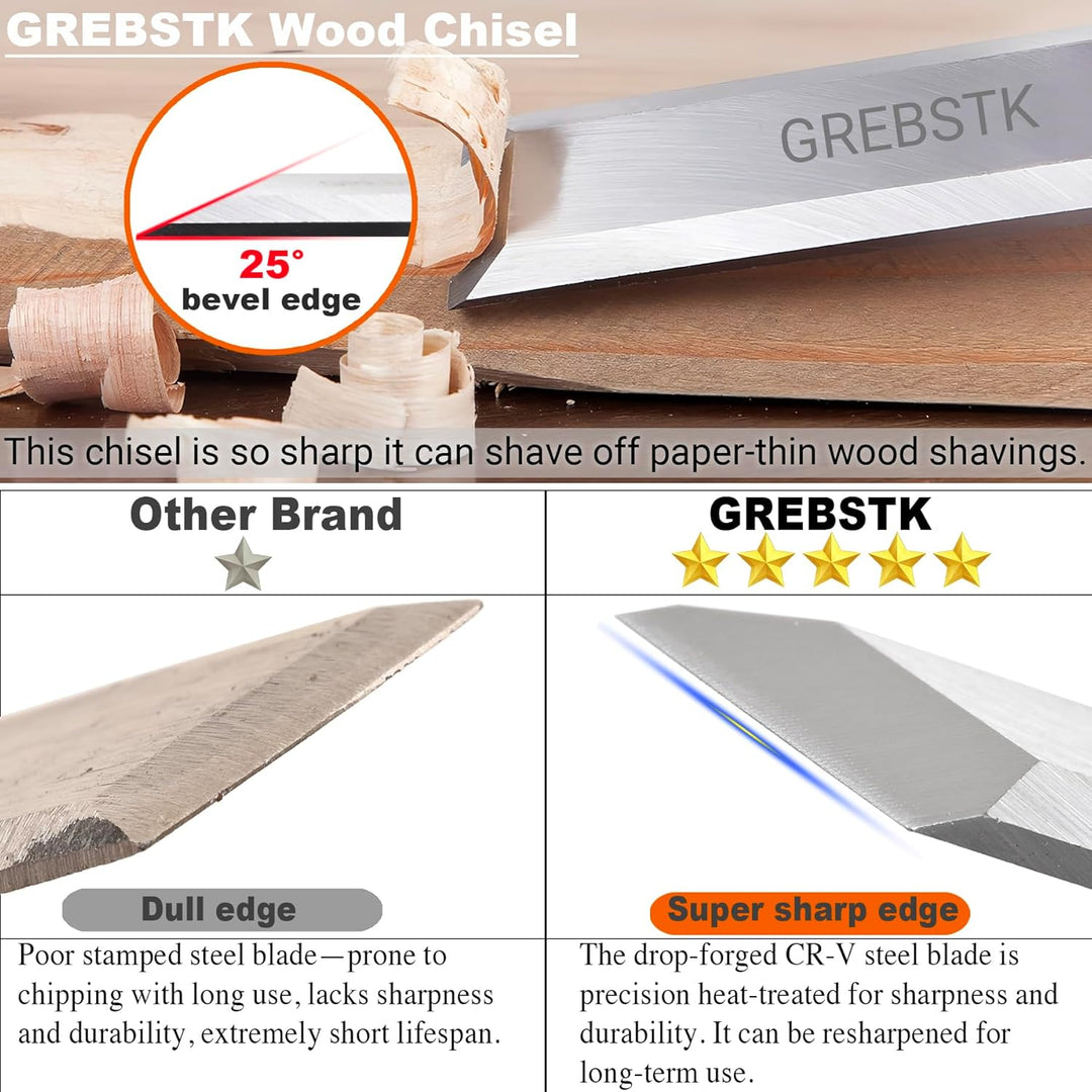 GREBSTK 4 tlg. Stechbeitel Satz für professionelle Holzarbeiten Extra grosse Beitel aus CRV-Stahl mi