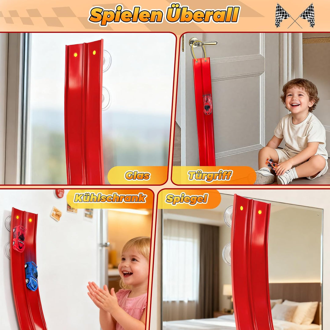 Autorennbahn Kinder, 500CM Rennbahn Rennstrecke Flexible Rennstrecke Kinder mit 6 Kleinwagen Aufbewa