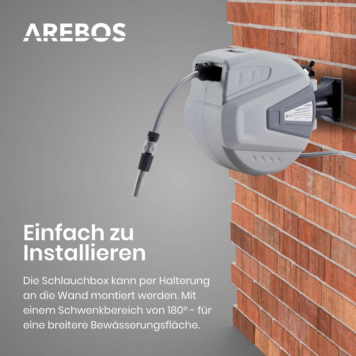 Arebos Schlauchaufroller | 20 m Schlauchtrommel | Wand-Schlauchbox mit Arretierstop & 9 Sprühunktion