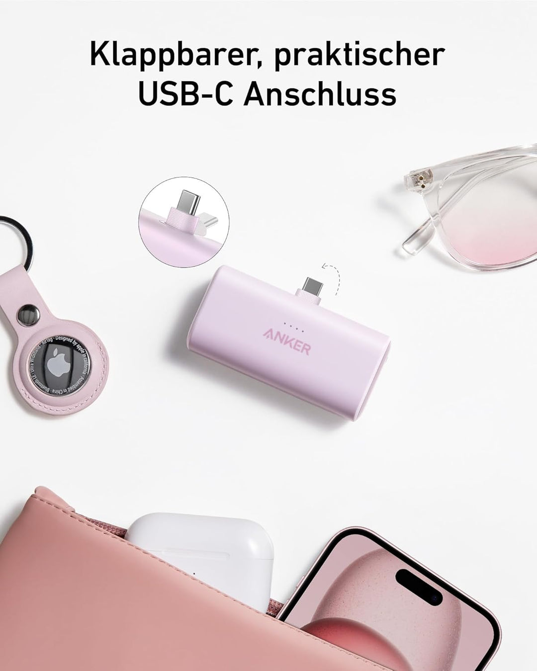 Anker Nano Powerbank, 5000mAh Powerbank 22.5W, Integrierter Faltbarer USB-C Konnektor, Kompatibel mi