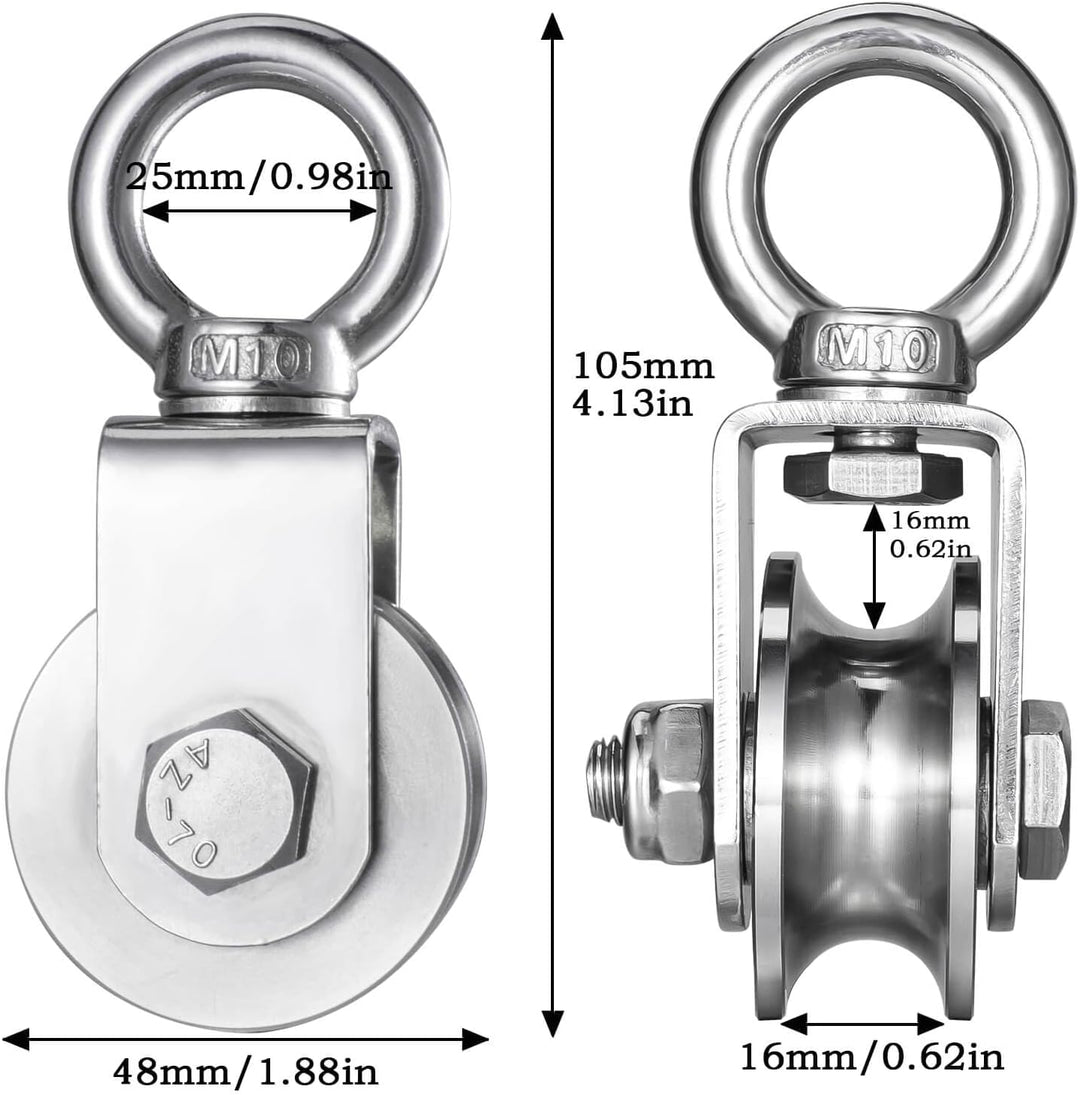 Umlenkrolle Edelstahl für Stahlseil, Seilrolle mit 2 Kugellager für 10mm seile, Tragkraft 500kg Outd
