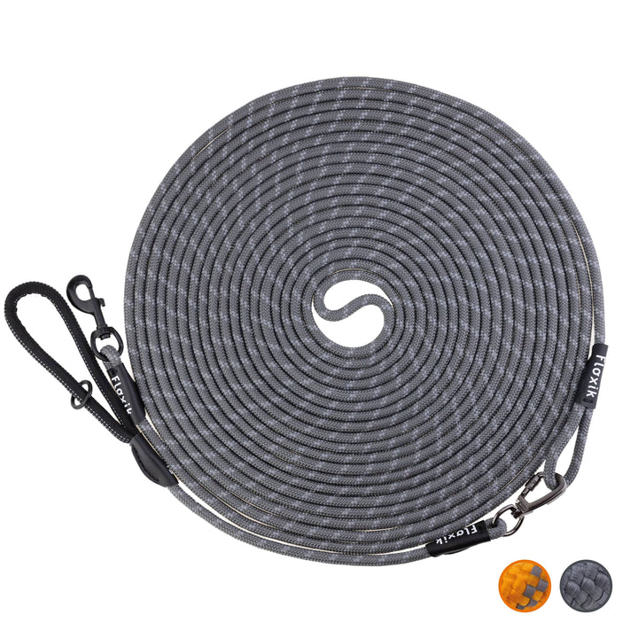 Floxik Schleppleine für Hunde | 5m, 10m, 15m, 20m grau | reflektierende Tauleine mit Abnehmbarer Han
