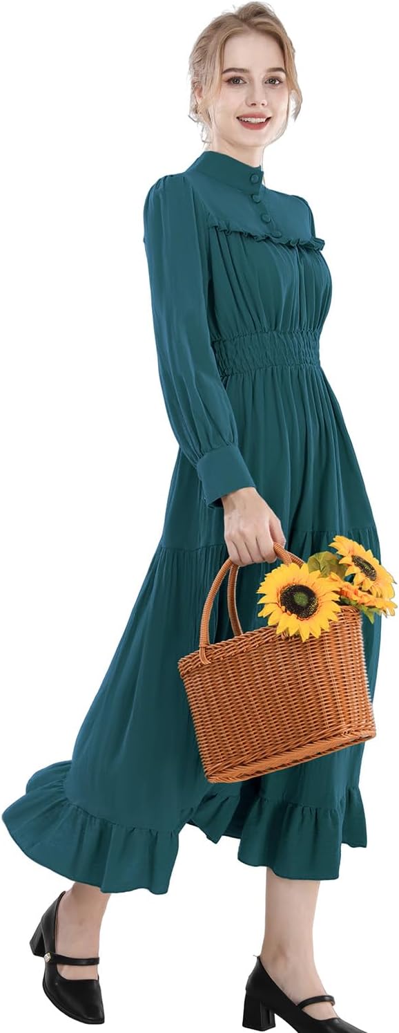 CR ROLECOS Mittelalter Kleidung Damen Viktorianisches Kleid Langarm A-Linie Vintage Edwardianisches