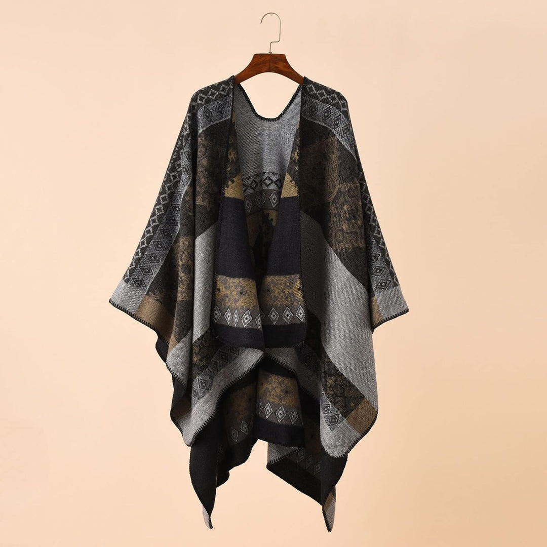 Sisifa Damen Boho Pullover Poncho Schal Wrap Cape Mantel Winter Herbst Vintage Print Stricken vorne